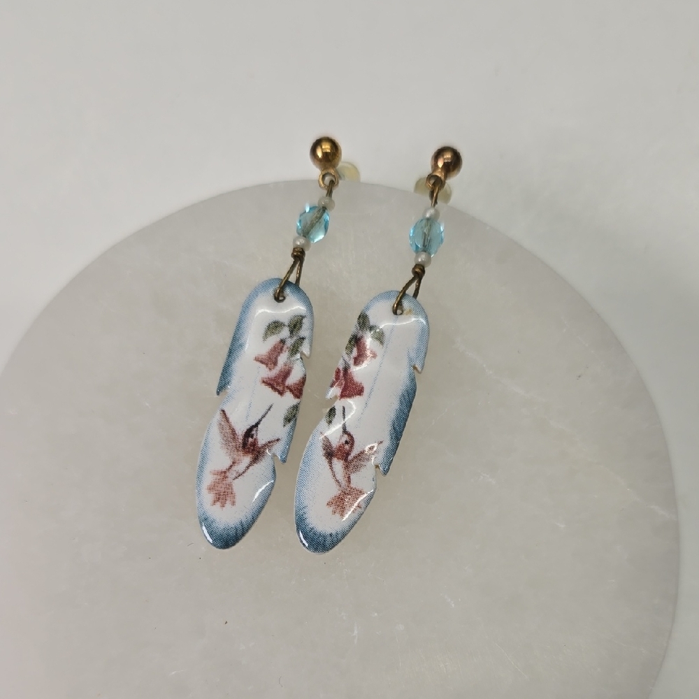 Ceramic Feather Hummingbird Earrings